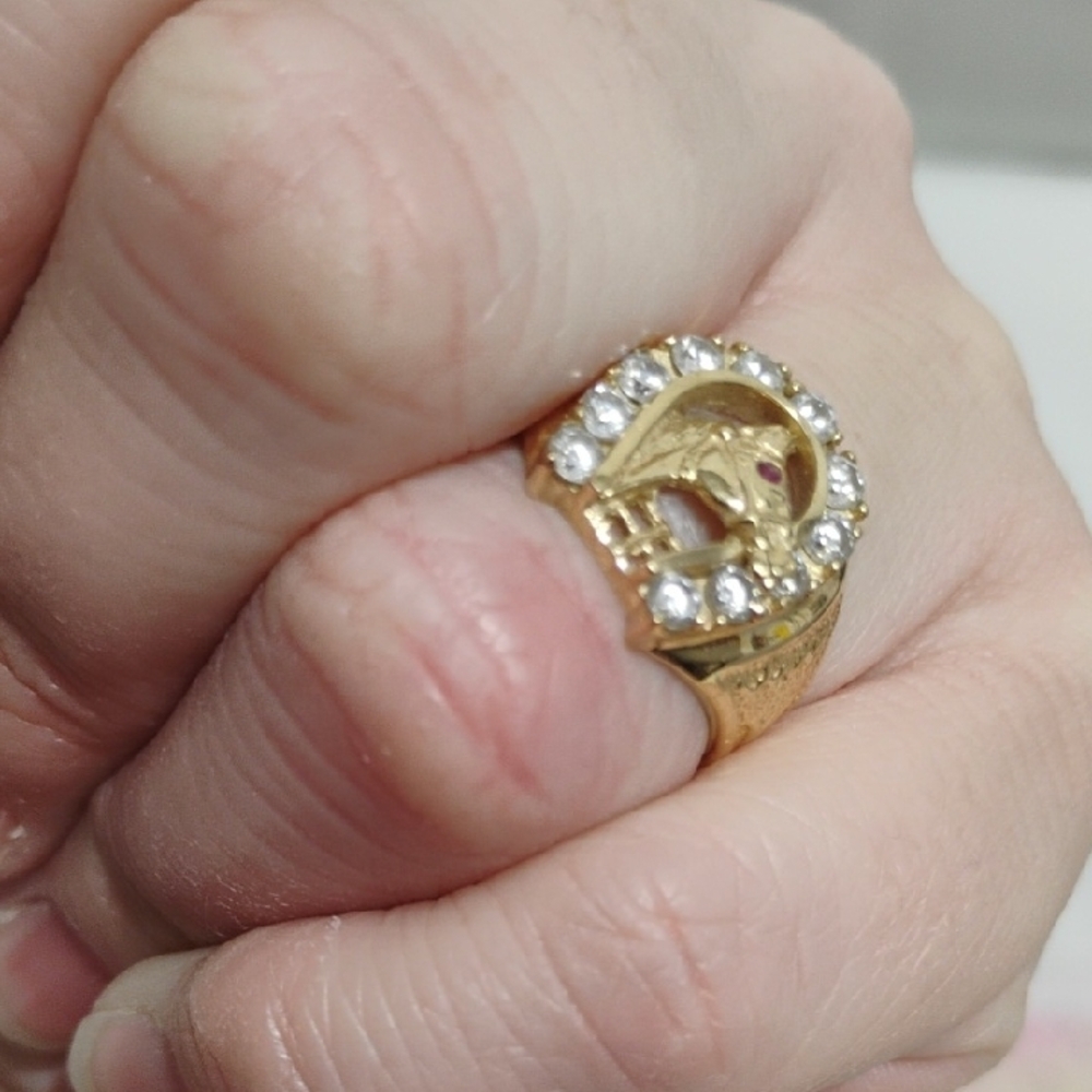 SALE! RARE! 40's 14kt Elegant Gold Horse Shoe Ring 11 Diamonds & 1 Ruby Eye - Picture 5 of 12